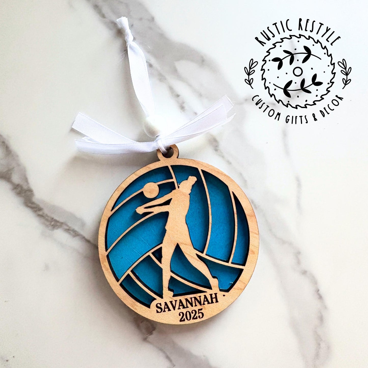 Personalized wood volleyball ornament