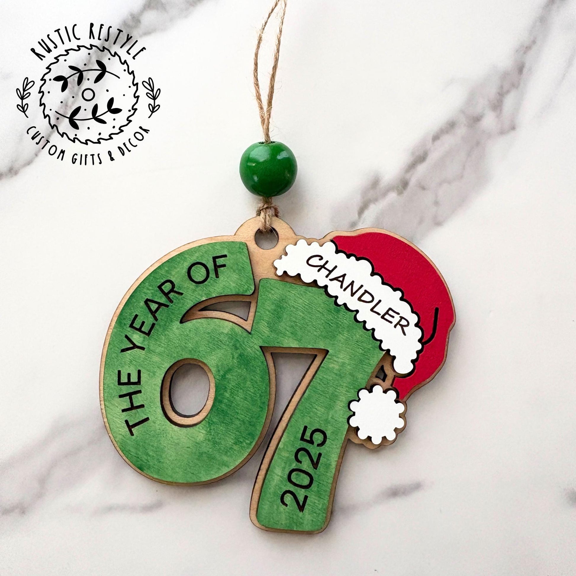 The Year of 67 Ornament | Personalized Name Santa Hat | Custom 67 Christmas Gift