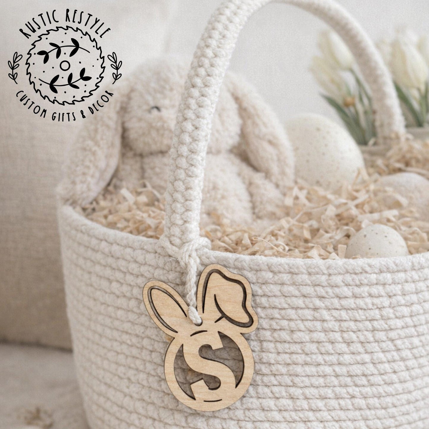 Initial Bunny Letter Basket tags, Monogram ornaments or Easter Basket tags