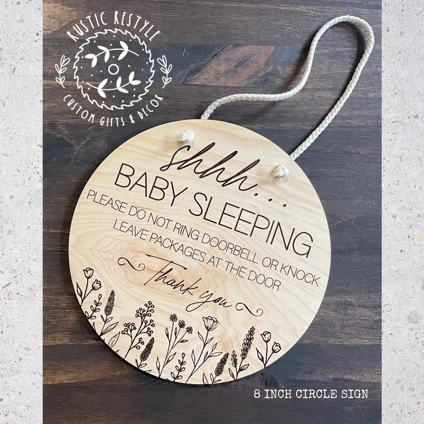 8" Round Door Hanger, Shhhh baby sleeping door sign