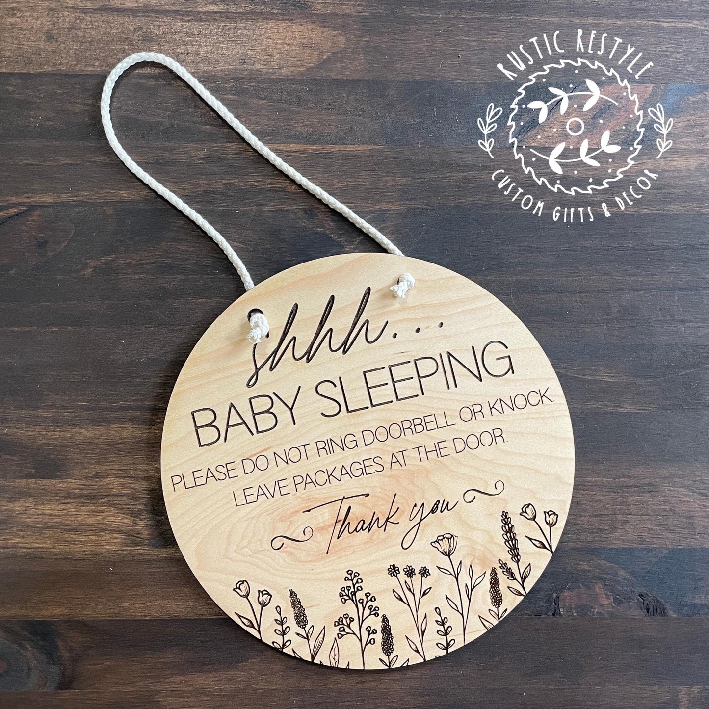8" Round Door Hanger, Shhhh baby sleeping door sign