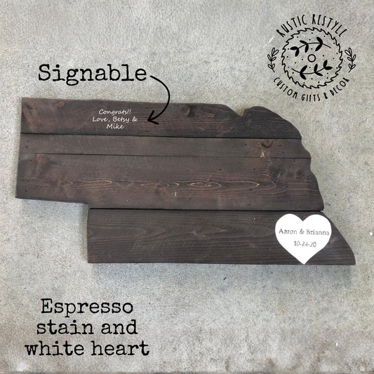 Rustic wooden Nebraska state cutout sign made from reclaimed wood, hand‑painted and distressed for use as wall décor or a wedding guest book alternative.