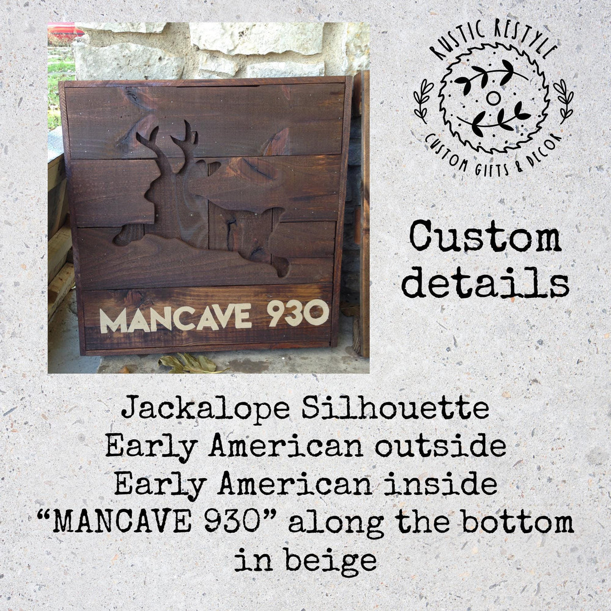 a wooden sign with a silhouette of a deer, carved into a wooden plank. The sign is labeled "MANCAVE 930" and is displayed against a stone wall.