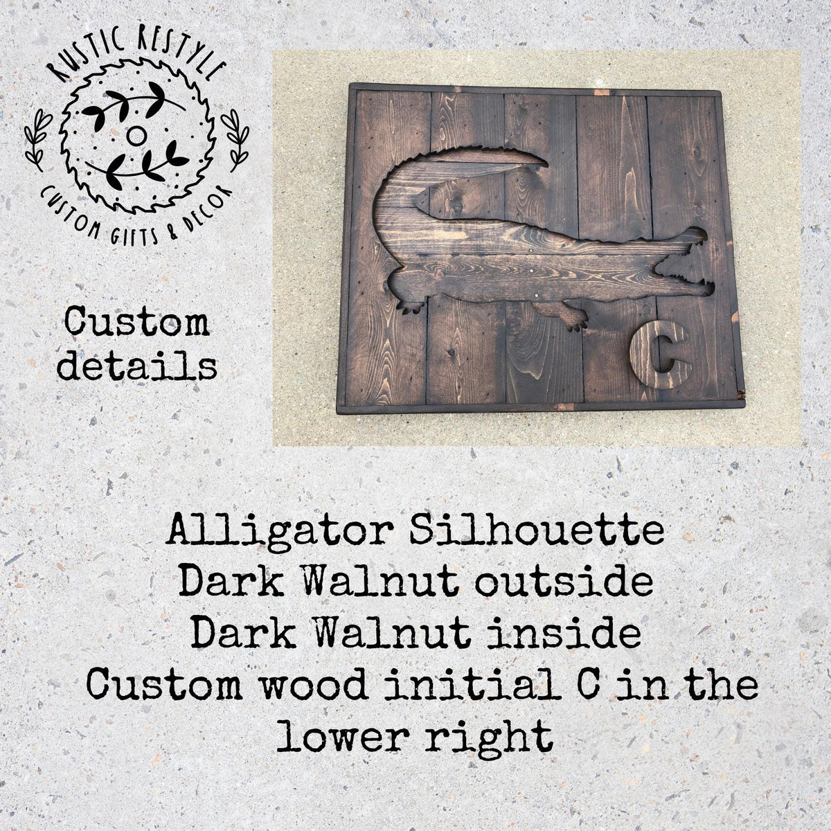 The image is a collage of two images. The top image features a wooden silhouette of an alligator, while the bottom image shows a dark walnut cutout of an alligator. The text below the images provides details about the custom details of the alligator silhouette, including the use of dark walnuts outside and inside the custom wood.