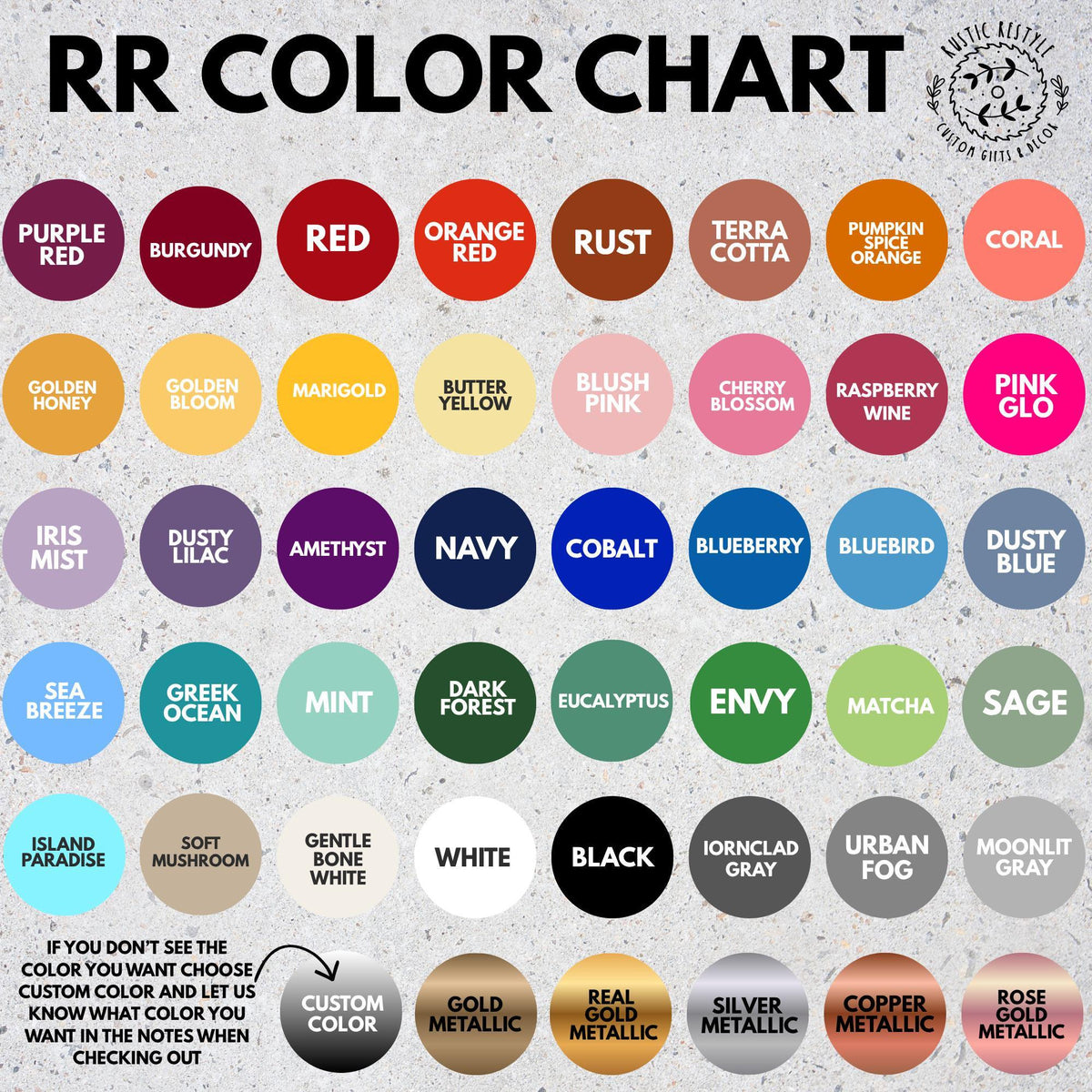 The image is a color chart that displays various colors, including shades of red, orange, rust, coral, and more, arranged in a grid format.