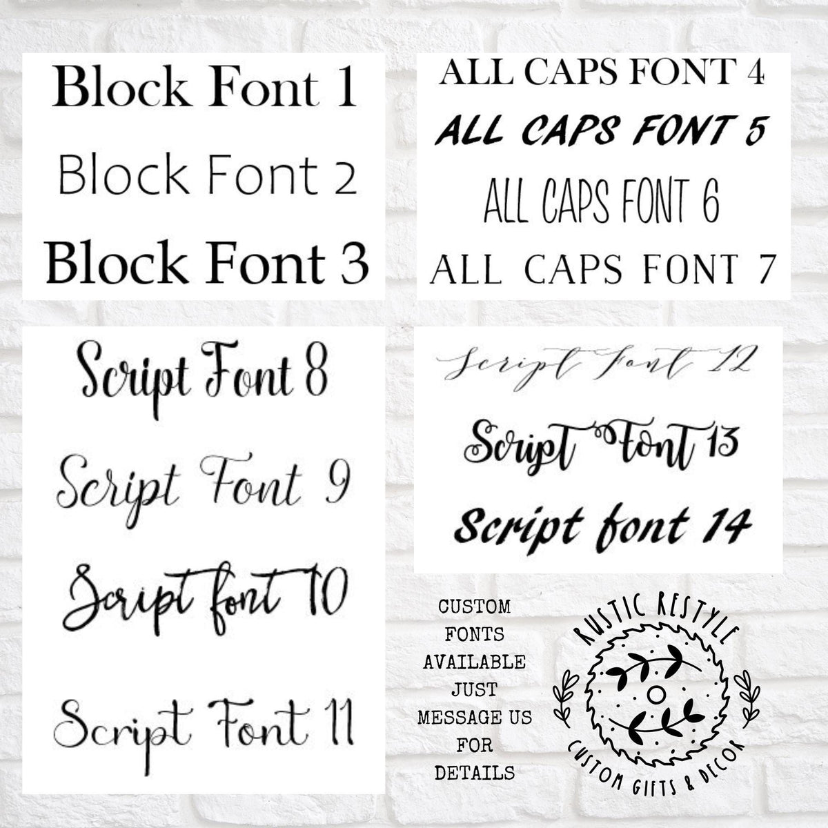 various font styles and sizes, including Block Font 1, Block Font 2, Block Font 3, and custom fonts like Script font 8, Script font 9, Script font 10, Script font 11, Script font 14, and Script font 15. The image also includes text that provides information about the fonts, such as "ALL CAPS Font 4", "ALL CAPS Font 5", "ALL CAPS Font 6", "ALL CAPS Font 7", and "ALL CAPS Font 8".