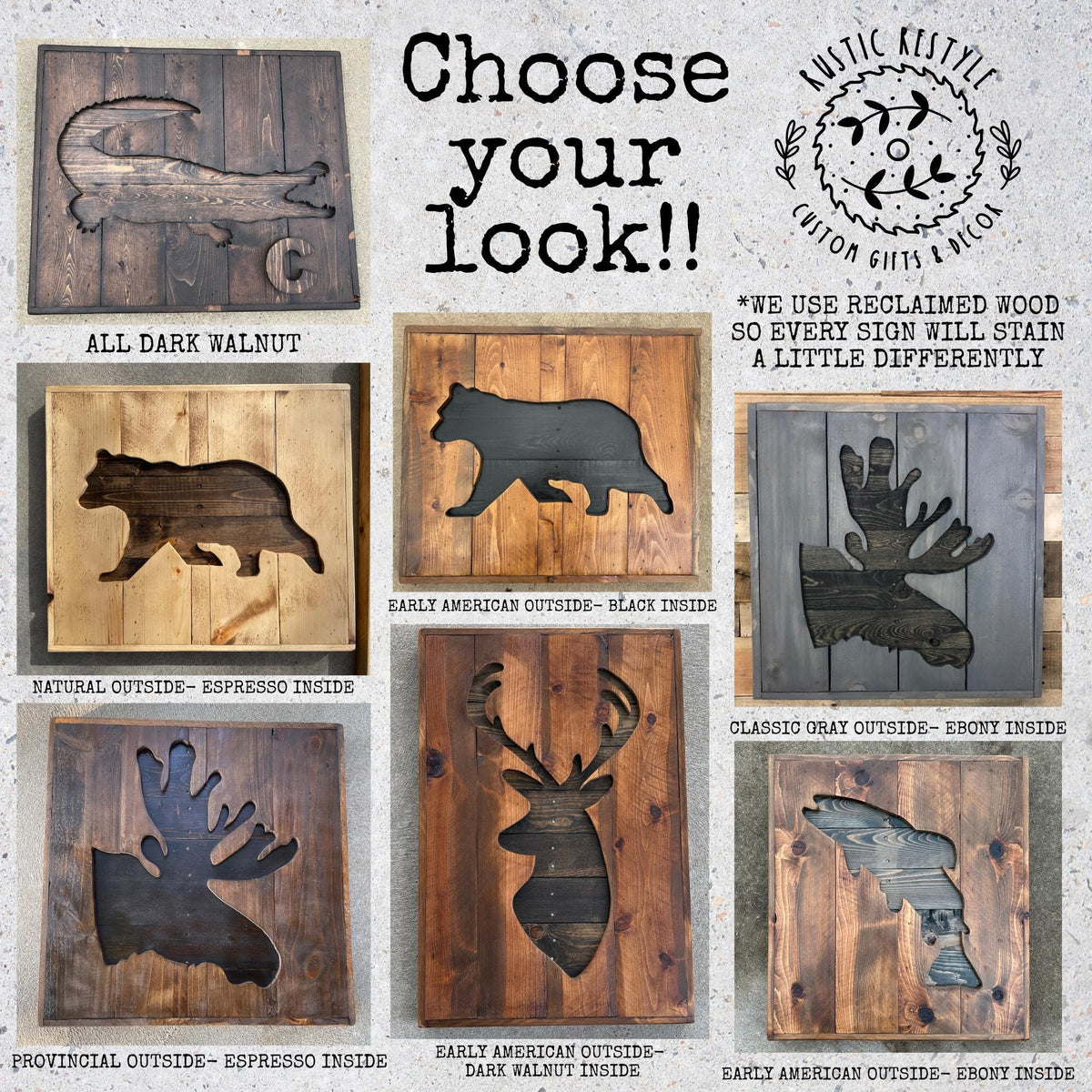 The image is a collage of various wooden signs featuring different animal silhouettes, such as a bear, moose, and bird, along with descriptions of the wood types and finishes.