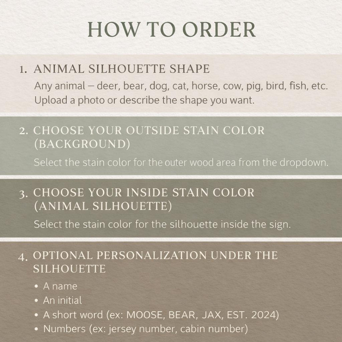 The image is a step-by-step guide on how to order a custom animal silhouette, including selecting the stain color, choosing the inside stain color, and adding a personalization.