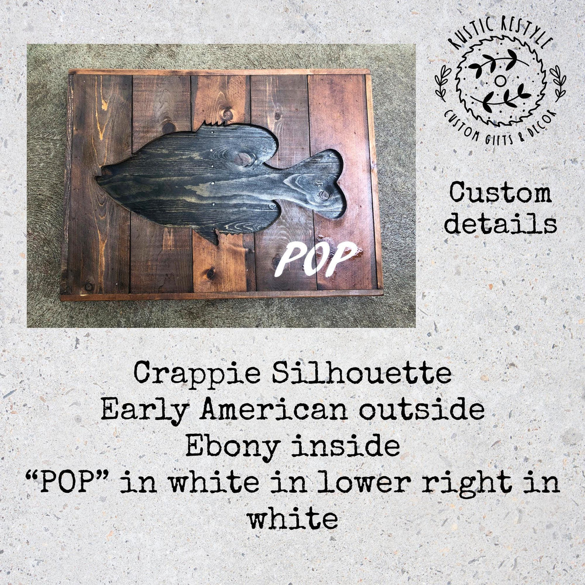 a wooden sign with a silhouette of a fish, specifically a Crappie, carved from wood. The sign is displayed on a wooden plank, and the text below the image provides details about the Crappie silhouette.
