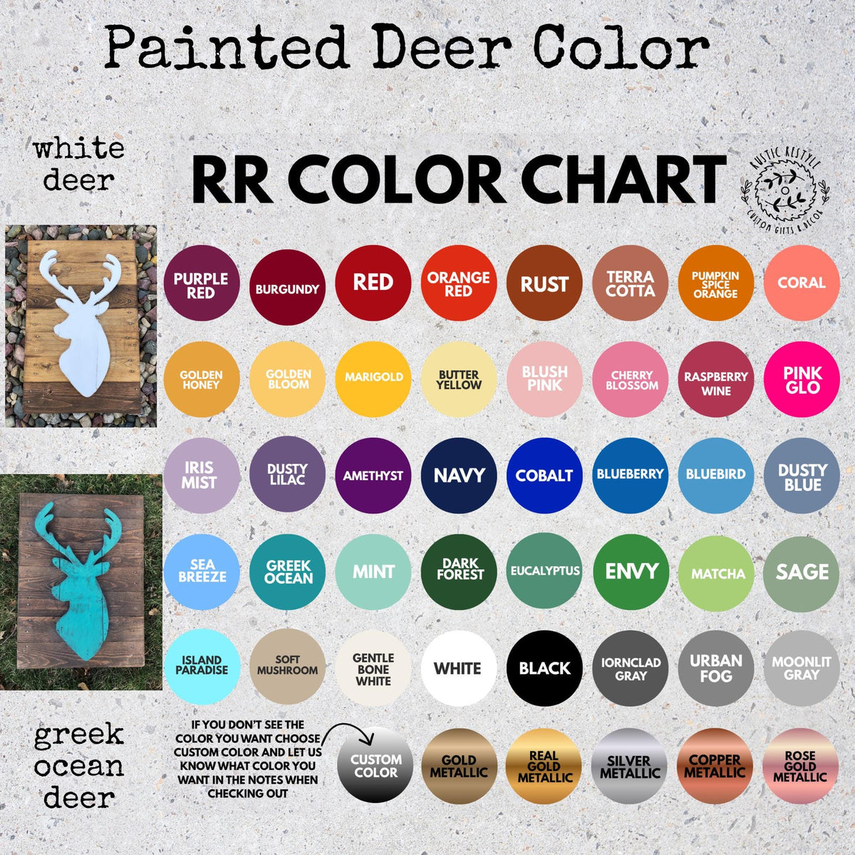 The image is a color chart for painted deer, displaying various colors and their names. It includes a list of deer colors and their corresponding names, as well as a color swatch for painting deer. The chart also includes a list of deer colors and their names, as well as a color swatch for painting deer.