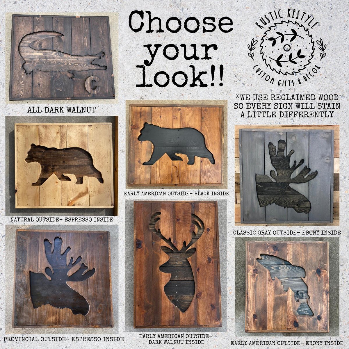 The image is a collage of various wooden signs featuring different animal silhouettes, such as a bear, moose, and fish, along with descriptions of the wood types and finishes.