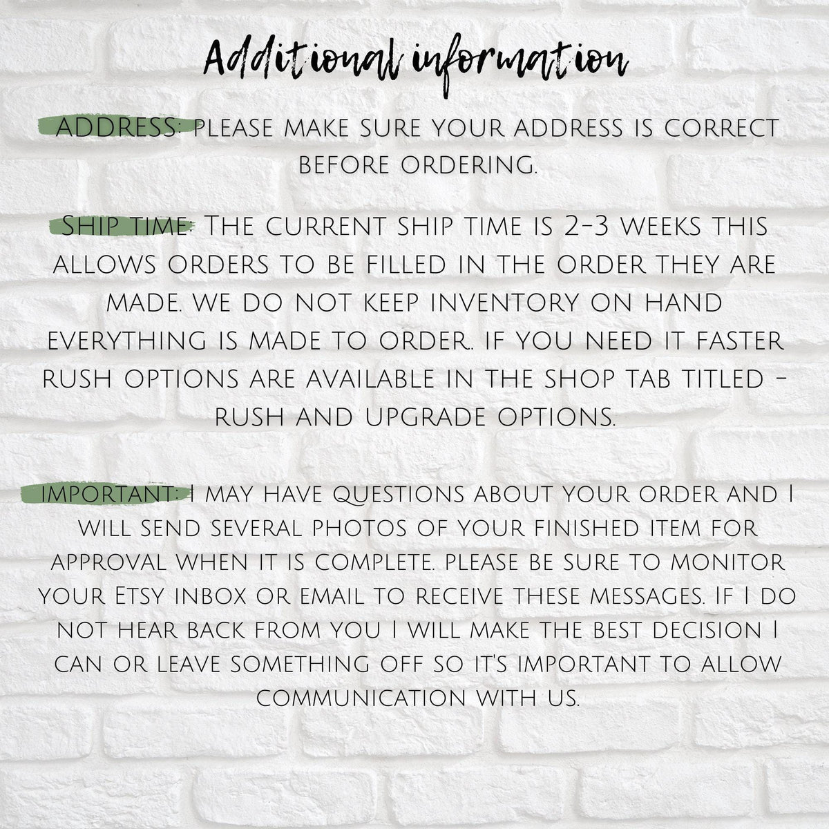 text and graphics that provide additional information about the order process, including the current ship time, rush options, and communication with the seller.