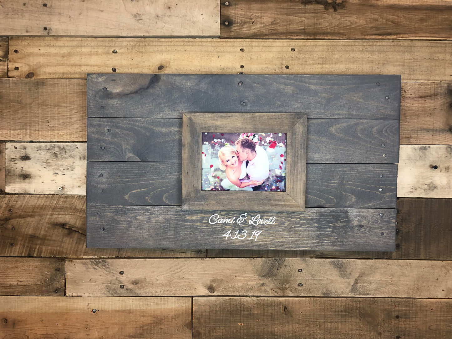 14X25 small wedding Guest book Alternative in classic gray stain with 5x7 photo frame, wooden decor for reception