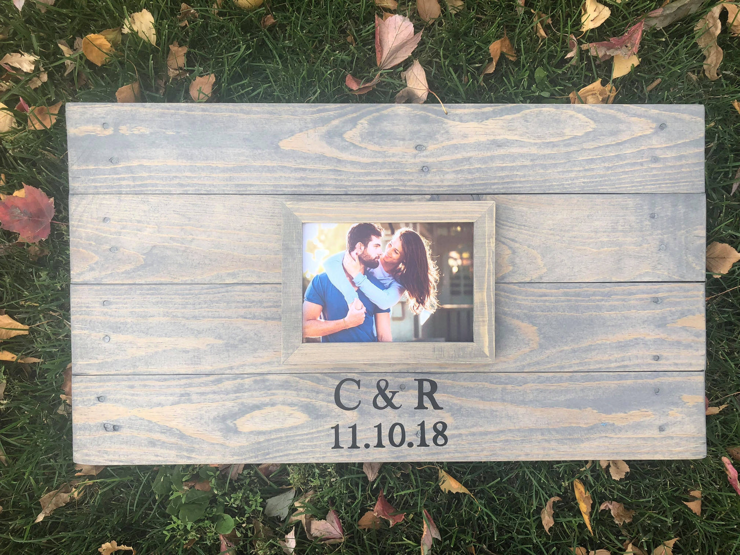 14X25 small wedding Guest book Alternative in classic gray stain with 5x7 photo frame, wooden decor for reception