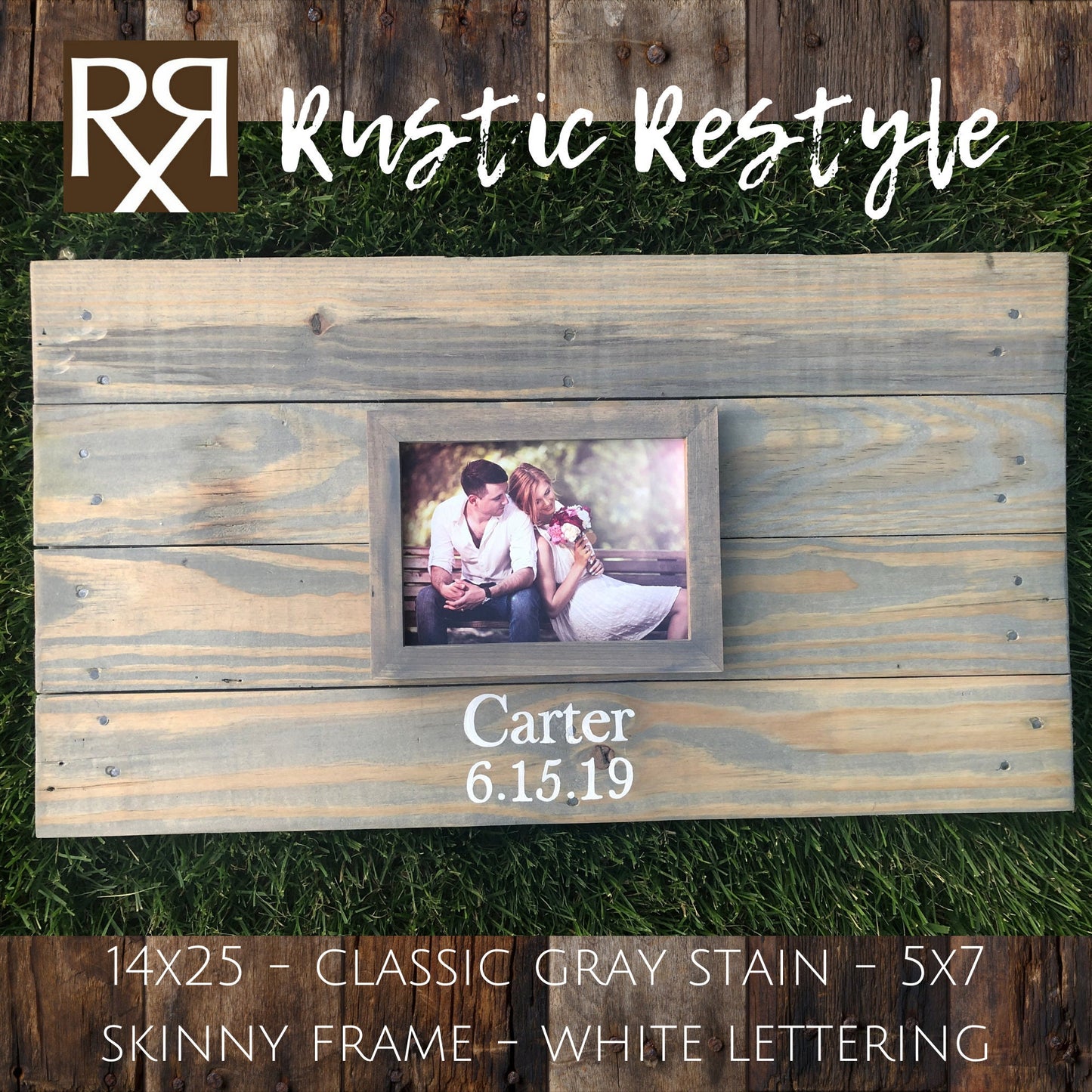 14X25 small wedding Guest book Alternative in classic gray stain with 5x7 photo frame, wooden decor for reception