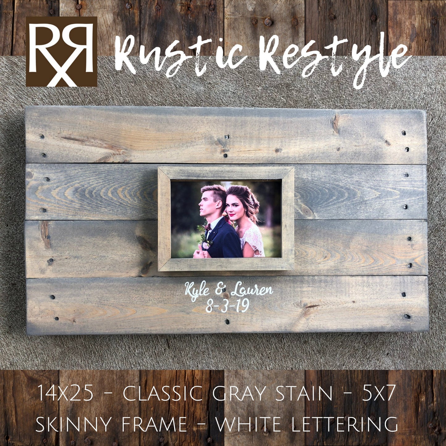 14X25 small wedding Guest book Alternative in classic gray stain with 5x7 photo frame, wooden decor for reception