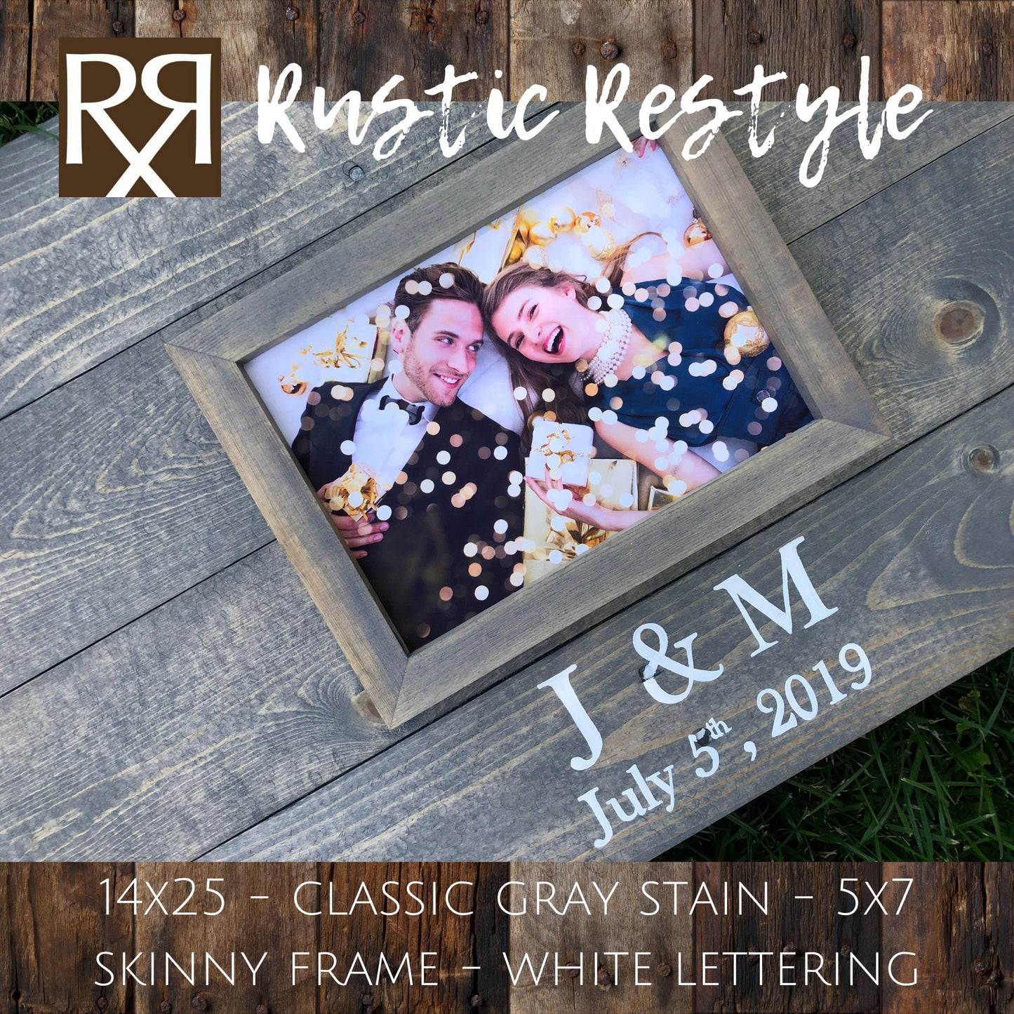 14X25 small wedding Guest book Alternative in classic gray stain with 5x7 photo frame, wooden decor for reception