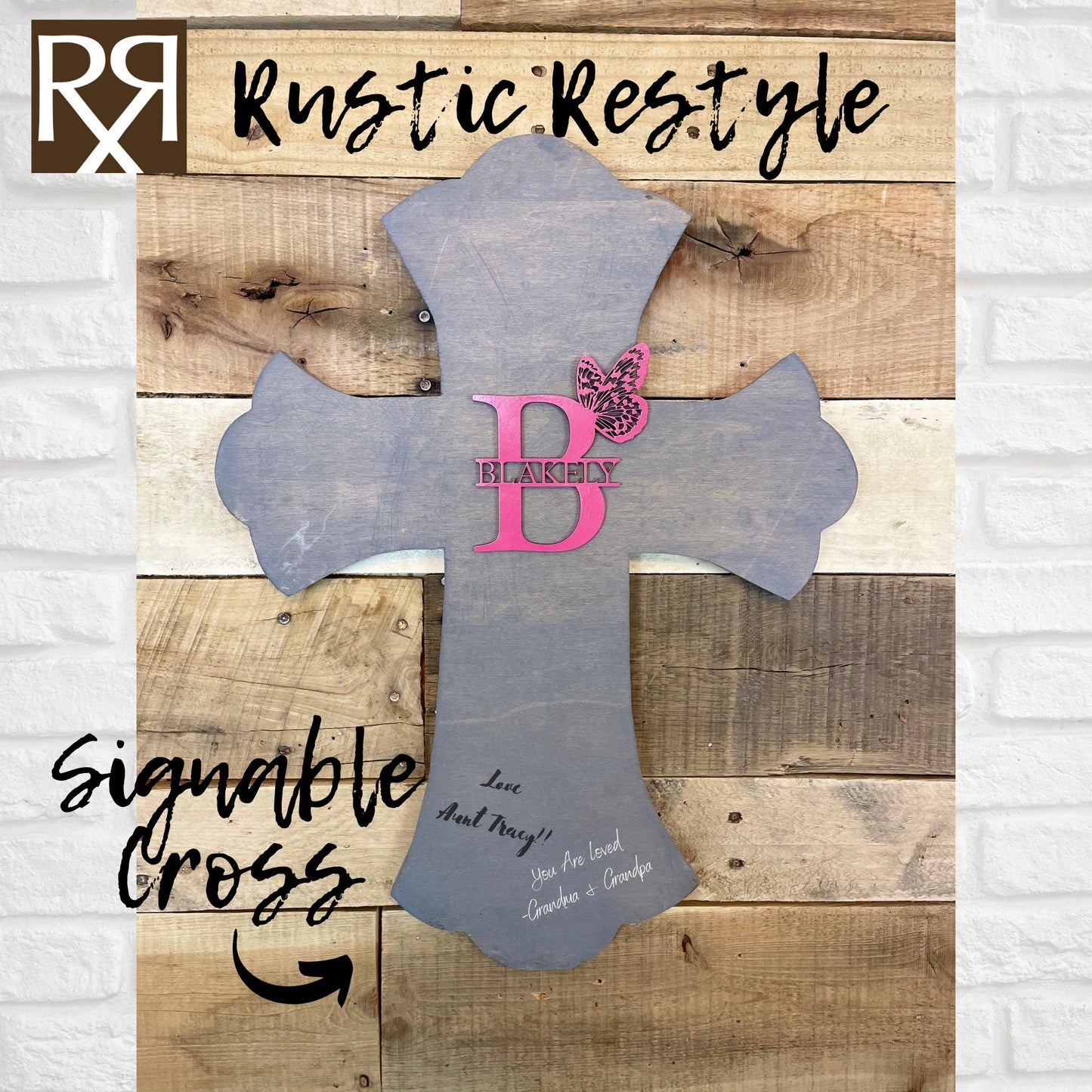 Personalized wooden cross, Baptism and confirmation sign-able crosses, Pink butterfly monogram confirmation keepsake gift