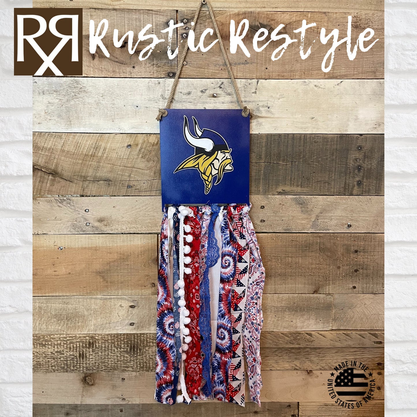 AHSTW Viking rag flag, red, white, and Blue Viking and Lady Vikes flag front door hanger wall decor, Avoca Iowa school spirit