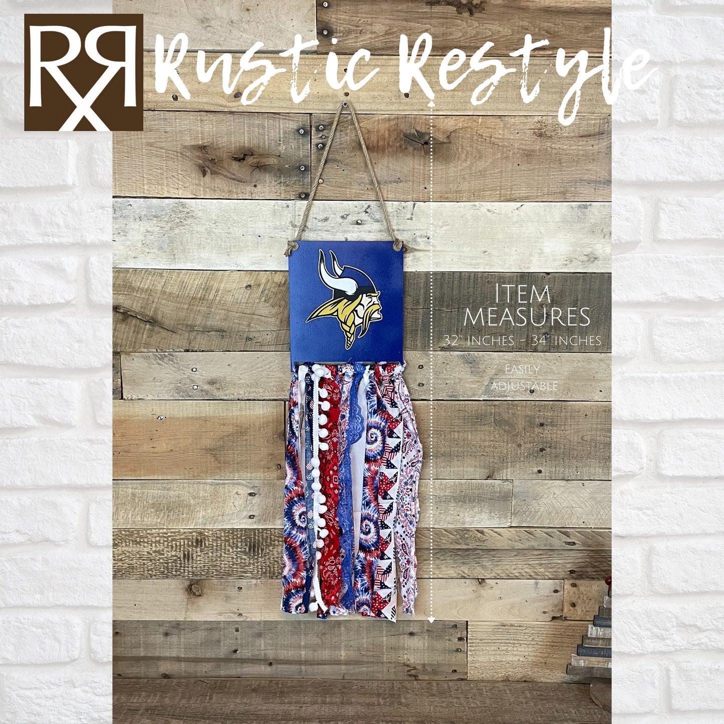 AHSTW Viking rag flag, red, white, and Blue Viking and Lady Vikes flag front door hanger wall decor, Avoca Iowa school spirit