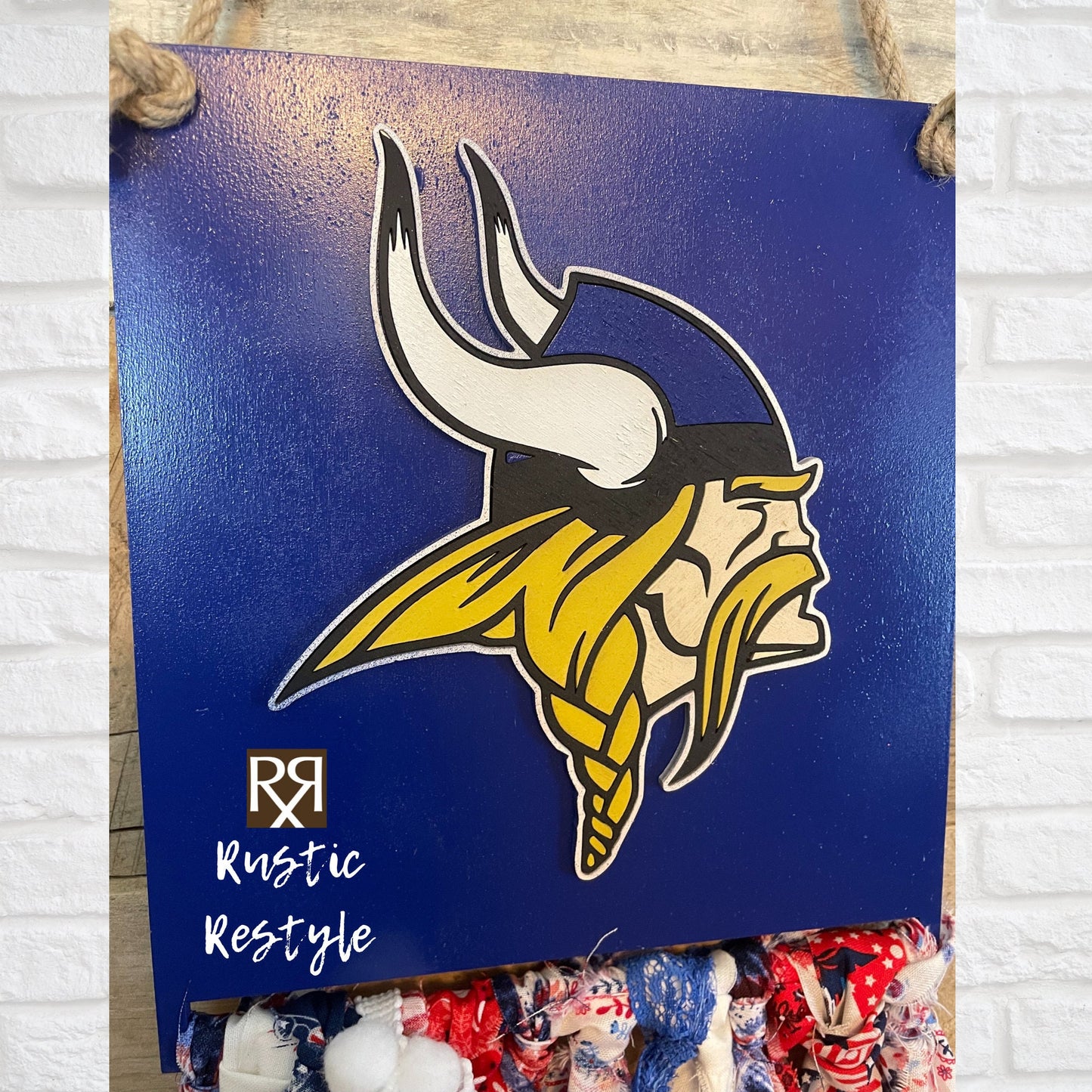 AHSTW Viking rag flag, red, white, and Blue Viking and Lady Vikes flag front door hanger wall decor, Avoca Iowa school spirit