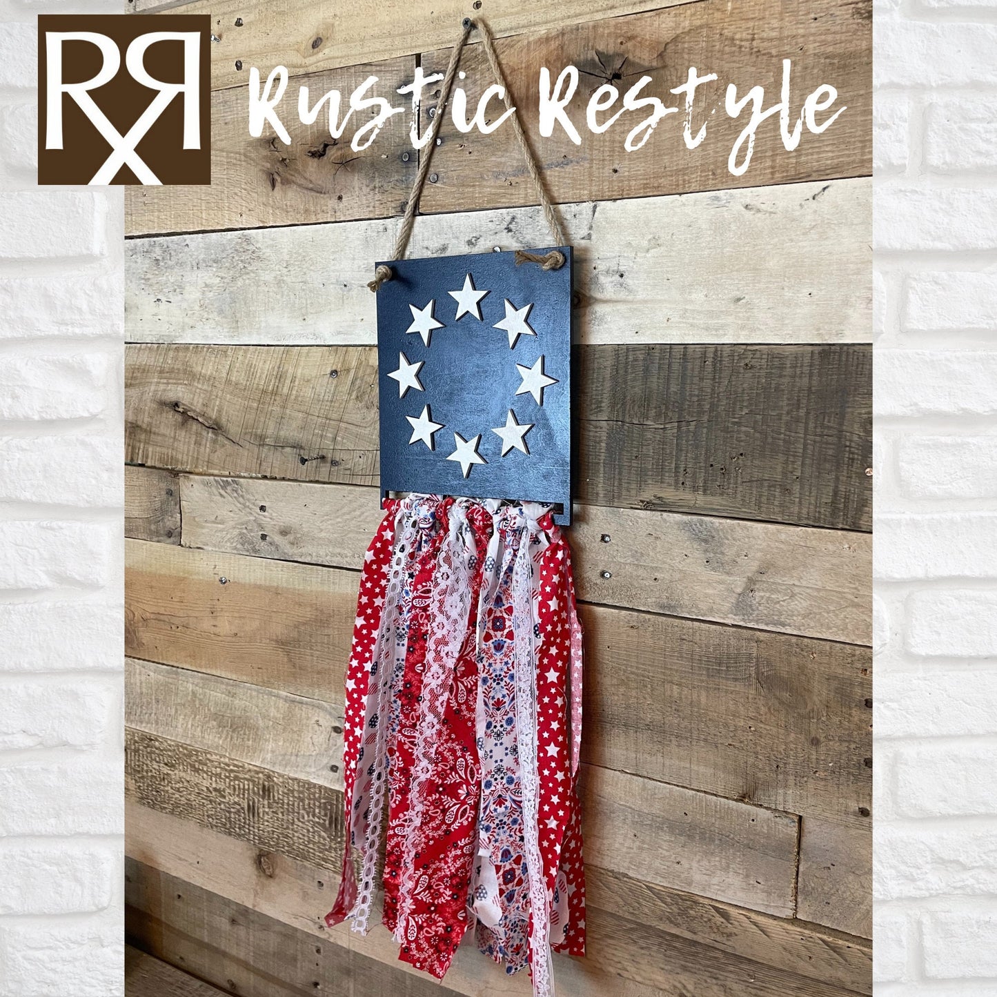 USA Patriotic rag flag, red, white, and Blue American flag door hanger wall decor