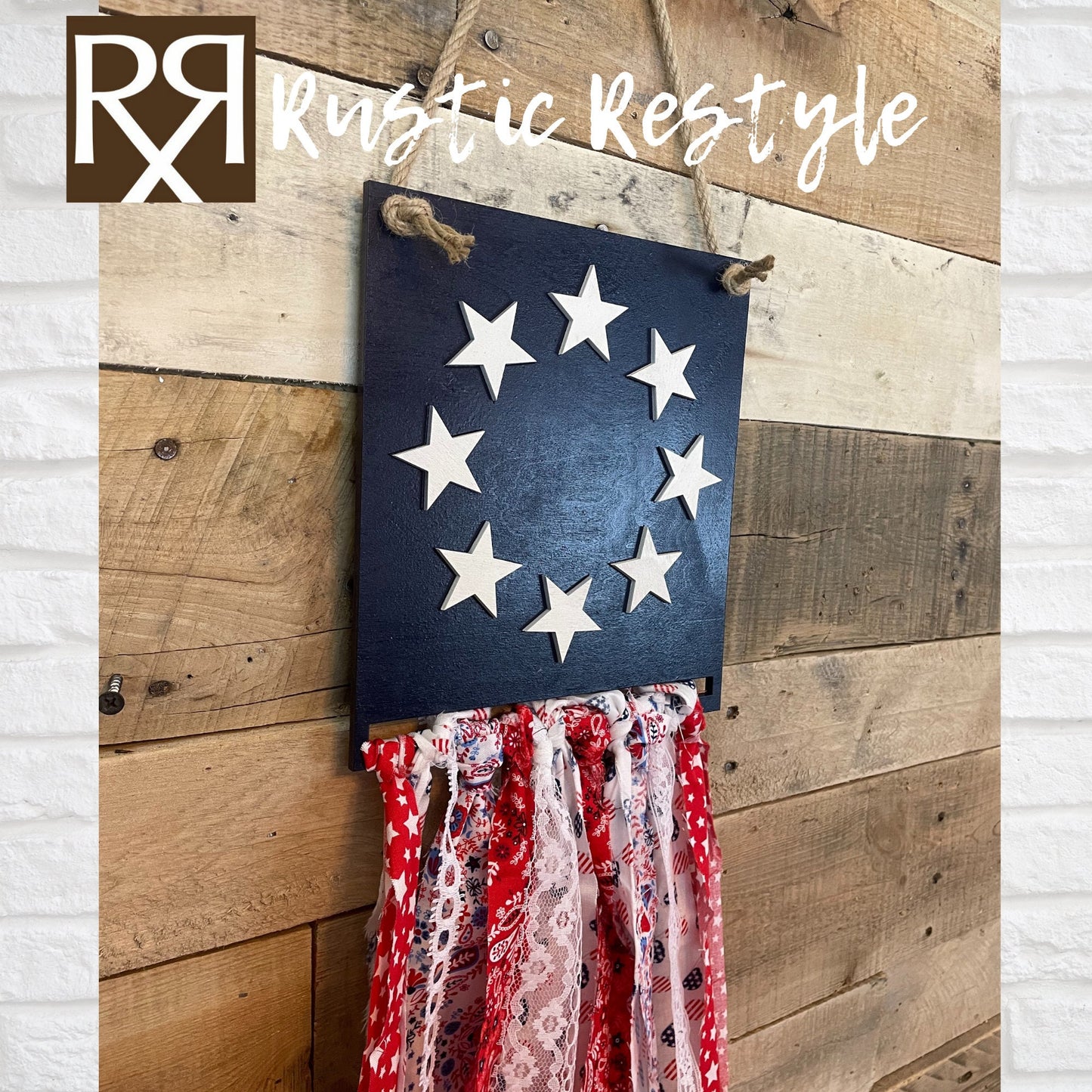 USA Patriotic rag flag, red, white, and Blue American flag door hanger wall decor
