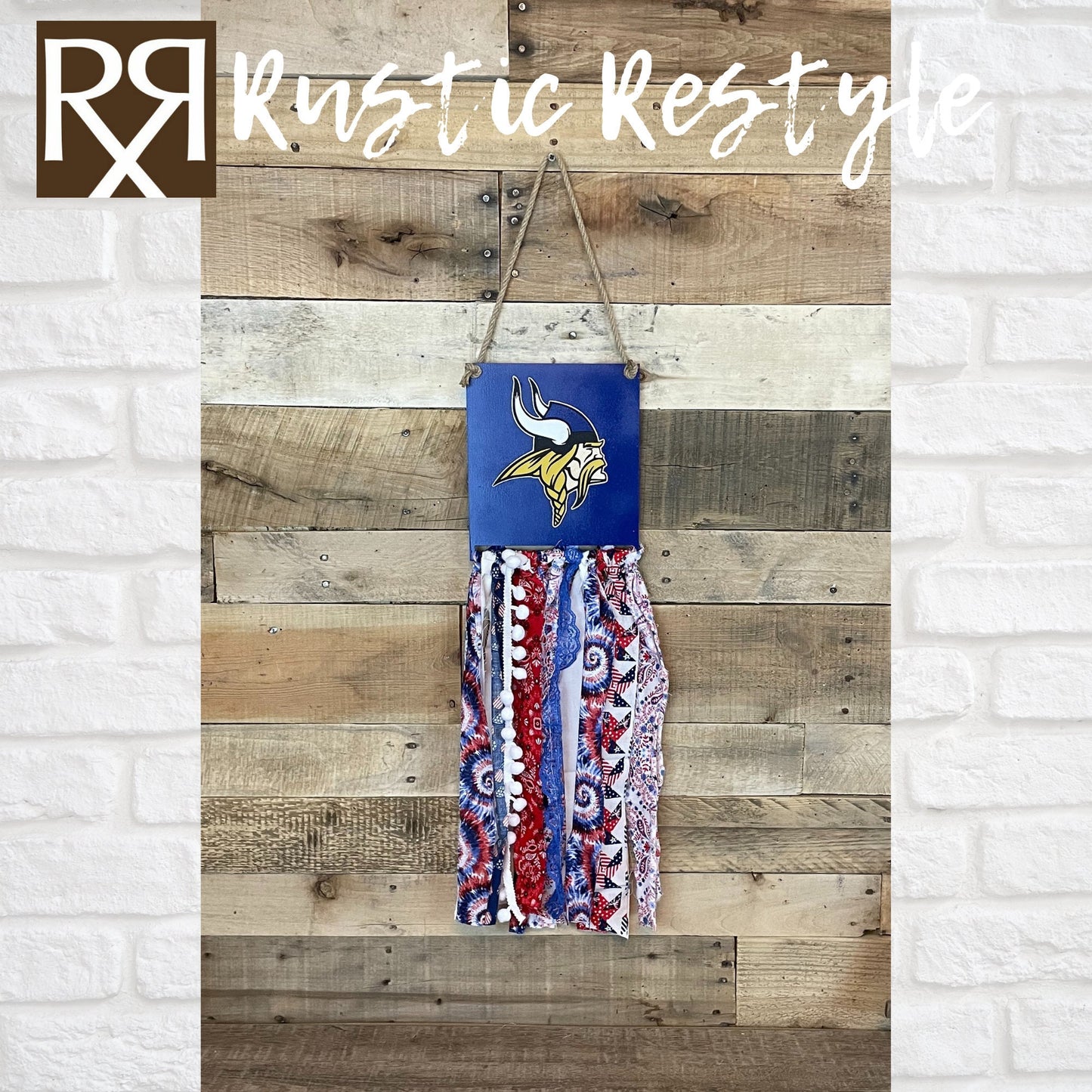 AHSTW Viking rag flag, red, white, and Blue Viking and Lady Vikes flag front door hanger wall decor, Avoca Iowa school spirit