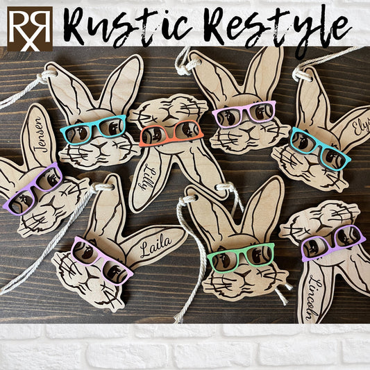 Custom wooden Easter Basket Bunny with glasses personalized name Tags