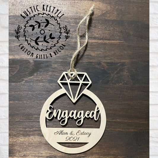 Engagement ring ornament, Personalized wood Christmas ornament gift