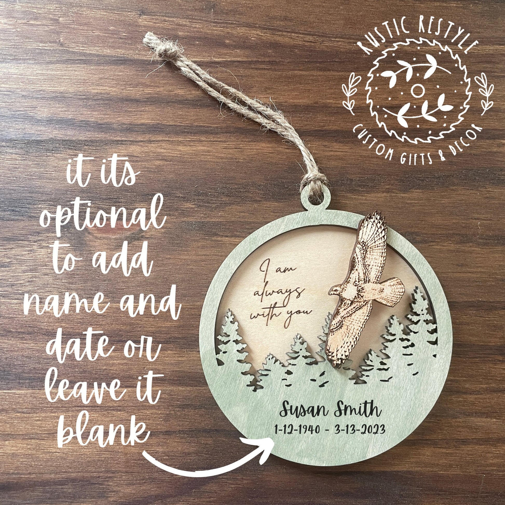 Memorial Hawk Remembrance ornament, 4inch hawk remeberance hanger can be personalized with engraved names