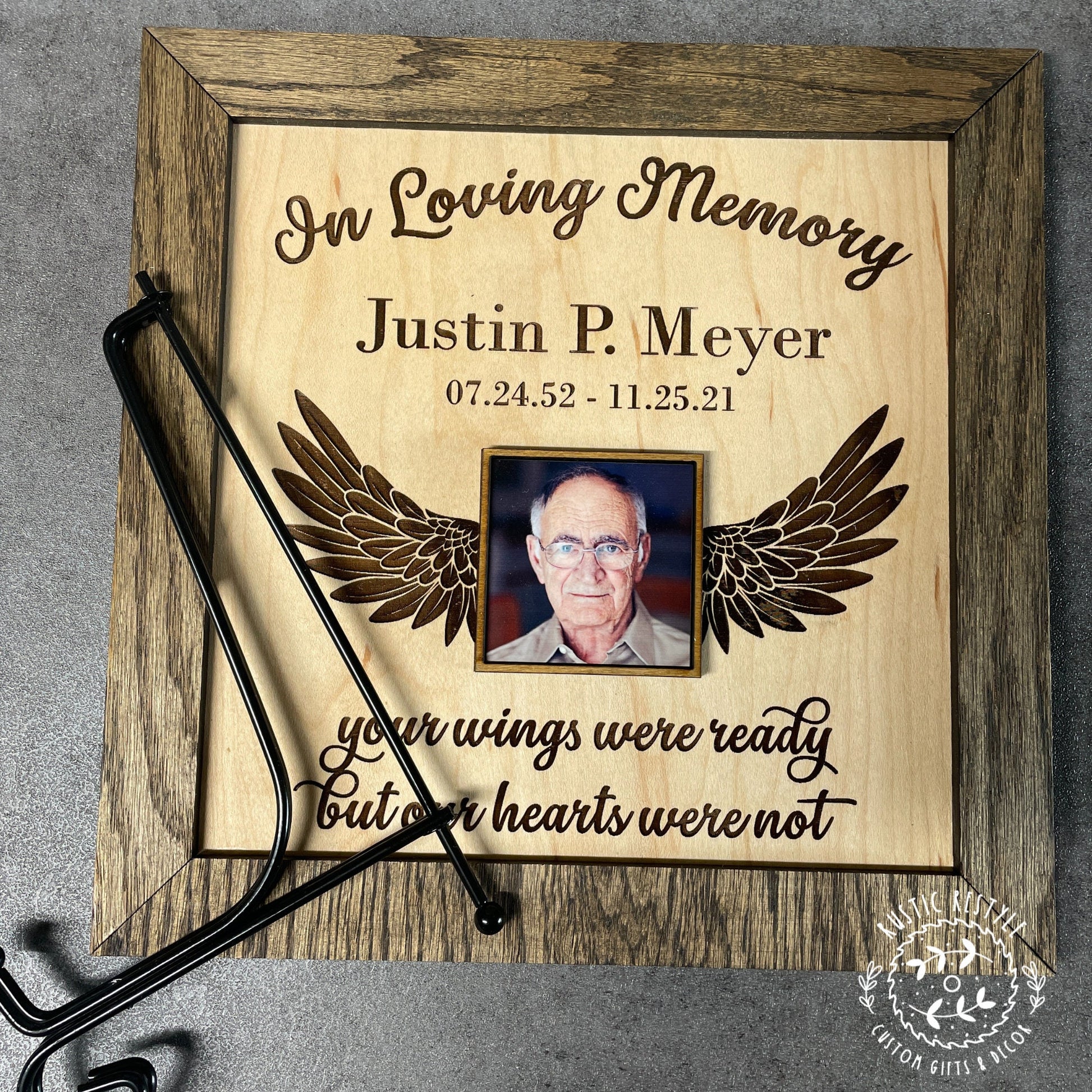 Memorial winged Remembrance Plaque, 10"x10" frame personalized with Engraved name and photo
