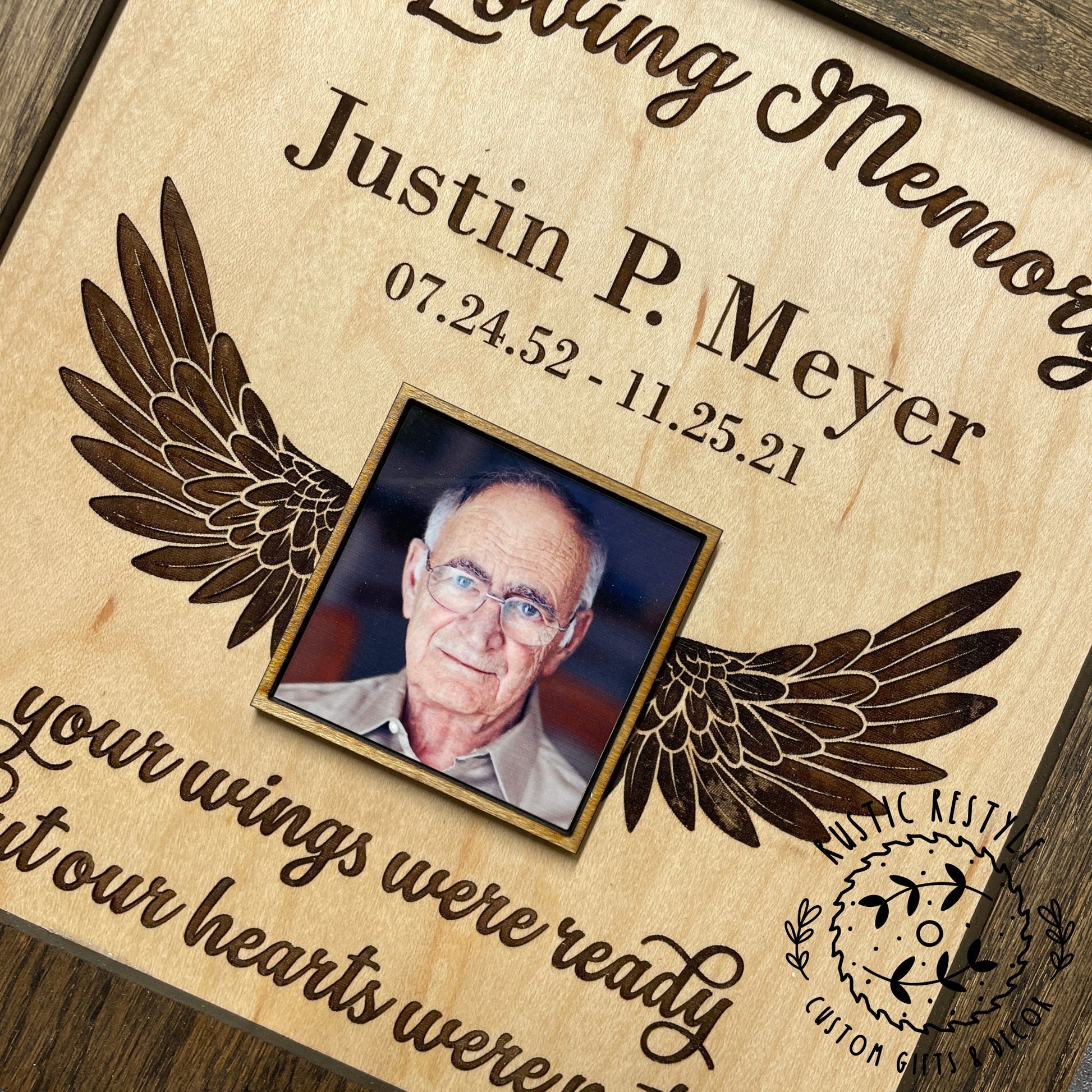 Memorial winged Remembrance Plaque, 10"x10" frame personalized with Engraved name and photo