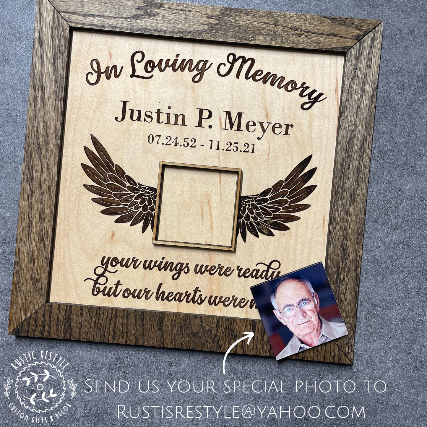 Memorial winged Remembrance Plaque, 10"x10" frame personalized with Engraved name and photo