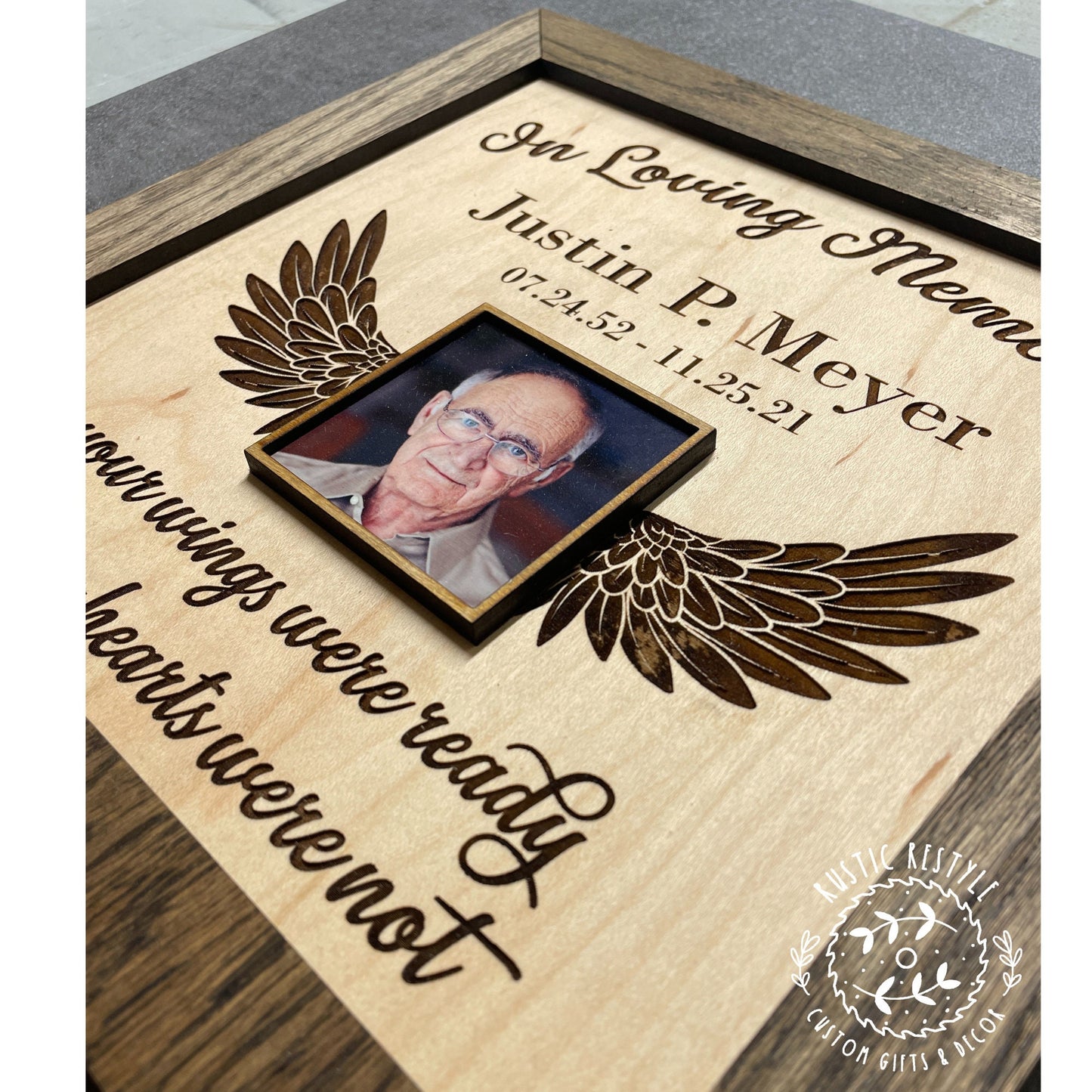 Memorial winged Remembrance Plaque, 10"x10" frame personalized with Engraved name and photo