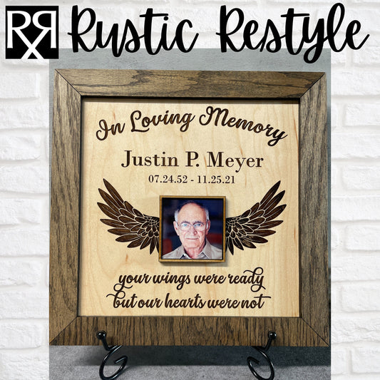 Memorial winged Remembrance Plaque, 10"x10" frame personalized with Engraved name and photo