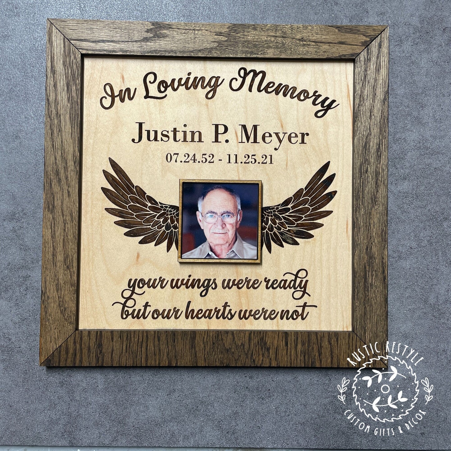 Memorial winged Remembrance Plaque, 10"x10" frame personalized with Engraved name and photo