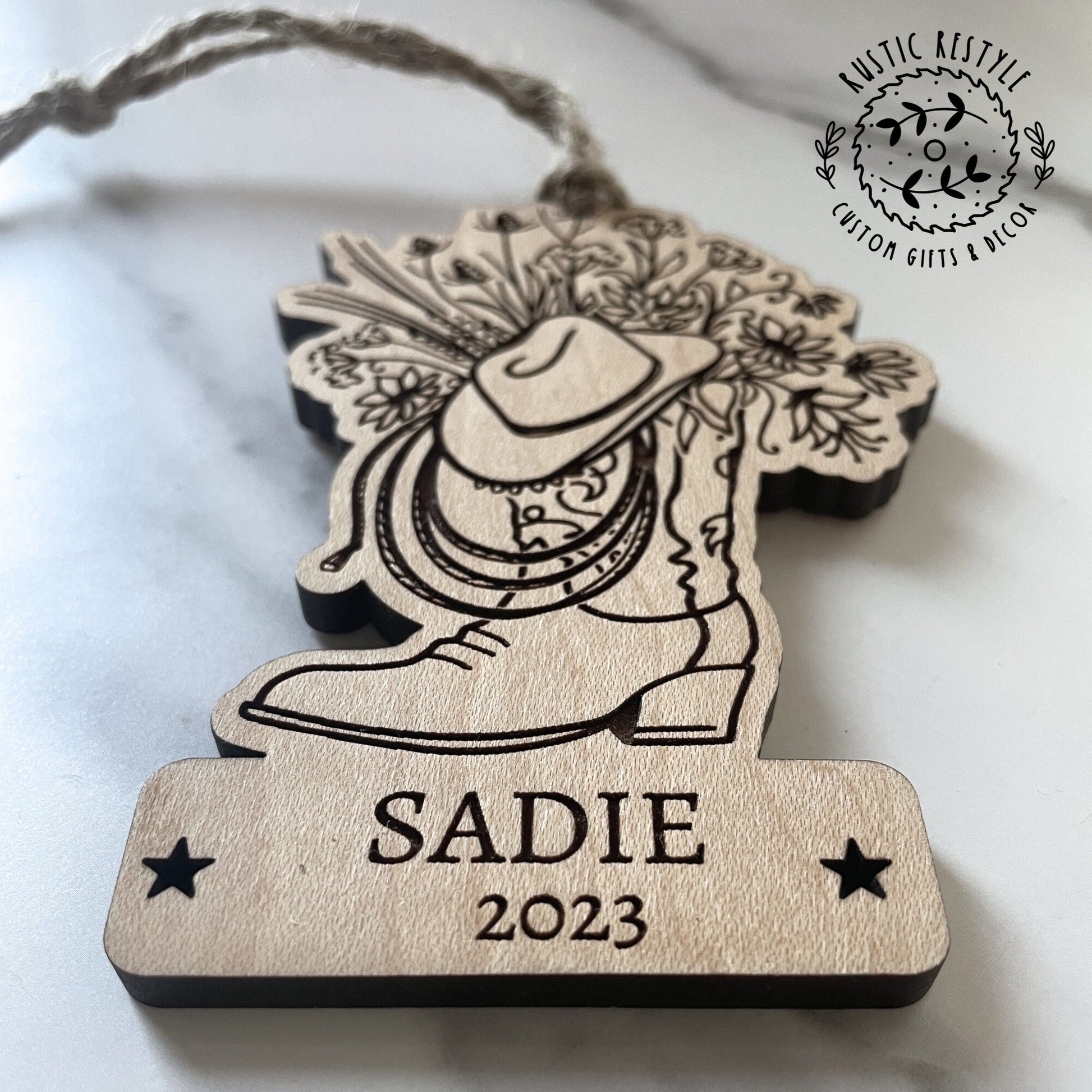 Cowboy or cowgirl personalized Ornament, rodeo roping Ornament, hat and boots and rope