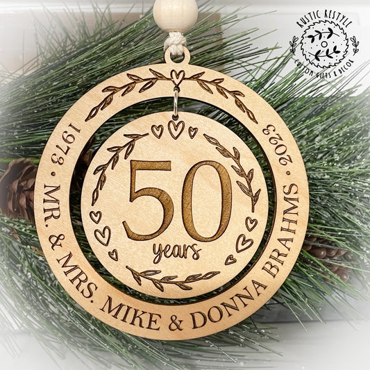 Wedding anniversary ornament, wood Christmas ornament gift 50th, 40th, 30th, 20th, 10th, 5th anniversary