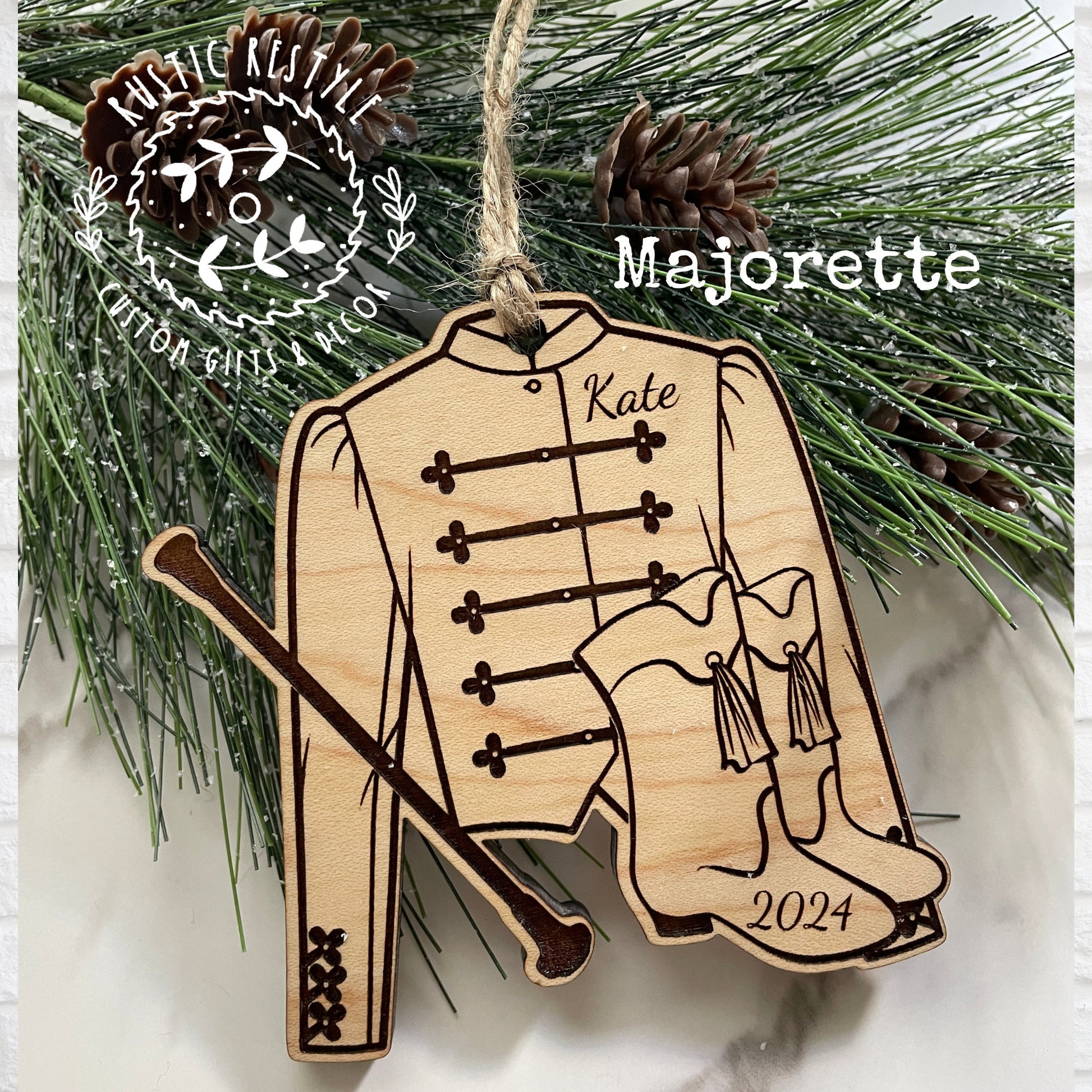 Majorette marching band Laser Engraved Maple Ornament, baton twirl marching Ornament