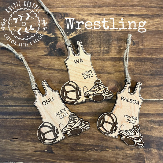 Wrestling Ornament, Personalized wood wrestling singlet ornament