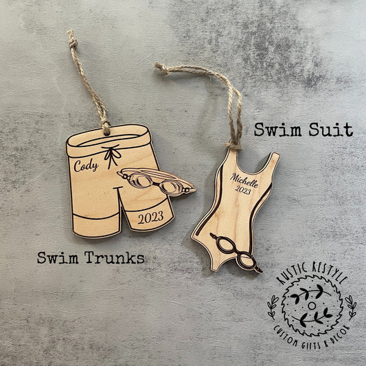 Swimming Christmas Ornament, Personalized swimming trunks or swim suit with goggles